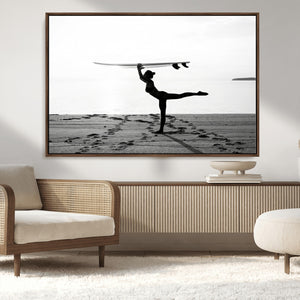 Yoga Surf Wall Art Canvas Print – Framed Black White Shore