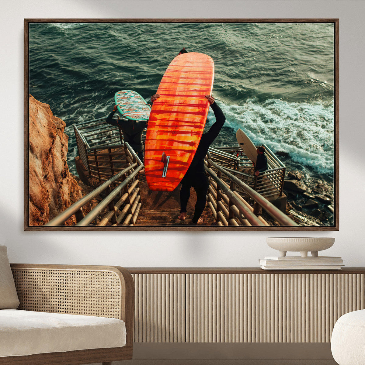 Surfer Stairway Wall Art – Framed Ocean Surf Canvas Artwork,