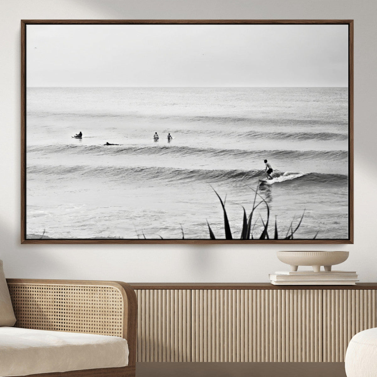 Surfer Silhouette Wall Art – Framed Calm Ocean Canvas