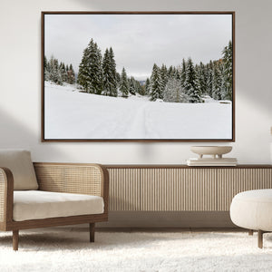Frosty Pines Wall Art Canvas Print – Framed Silent Snowfall