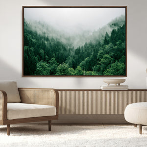 Misty Green Forest Canvas Print – Framed Serene Foggy Pine