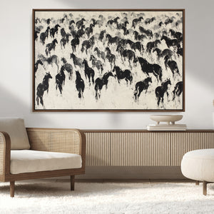 Wild Horse Stampede Wall Art Canvas Print – Monochrome