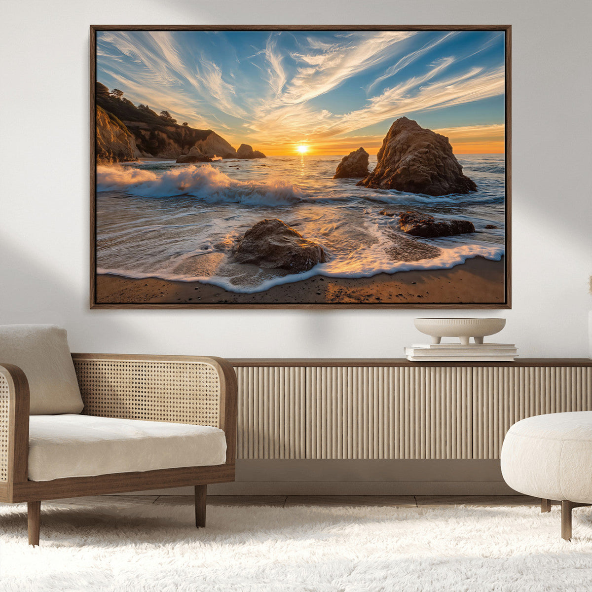 Rocky Ocean Sunset Wall Art Print – Seaside Canvas Dramatic