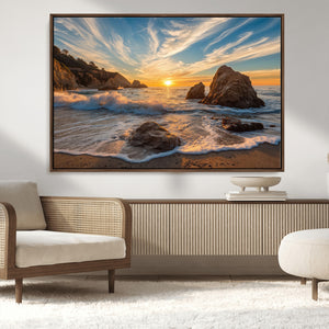 Rocky Ocean Sunset Wall Art Print – Seaside Canvas Dramatic