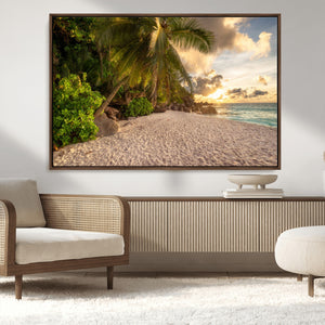 Tropical beach sunset, palm trees, white sand, ocean waves,