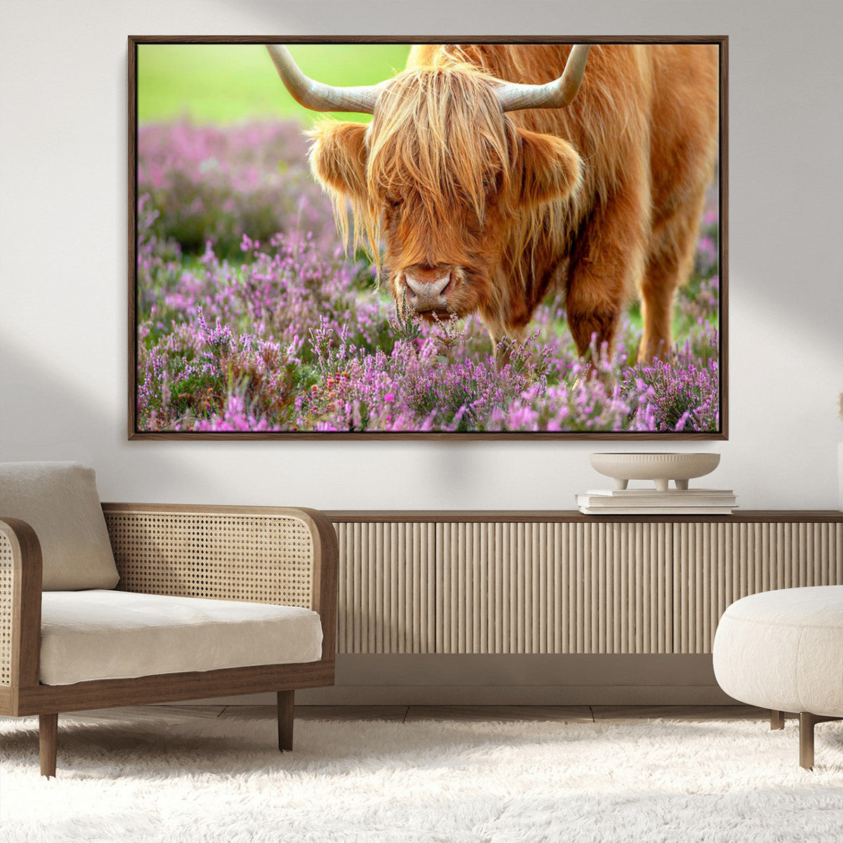 Highland Cow Wall Art Canvas Print – Framed Purple Flowers