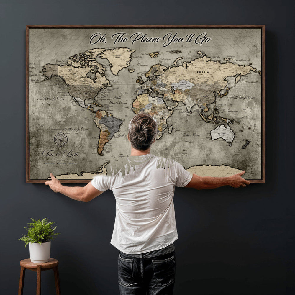 Personalized World Map Wall Art Canvas Print – Custom Push