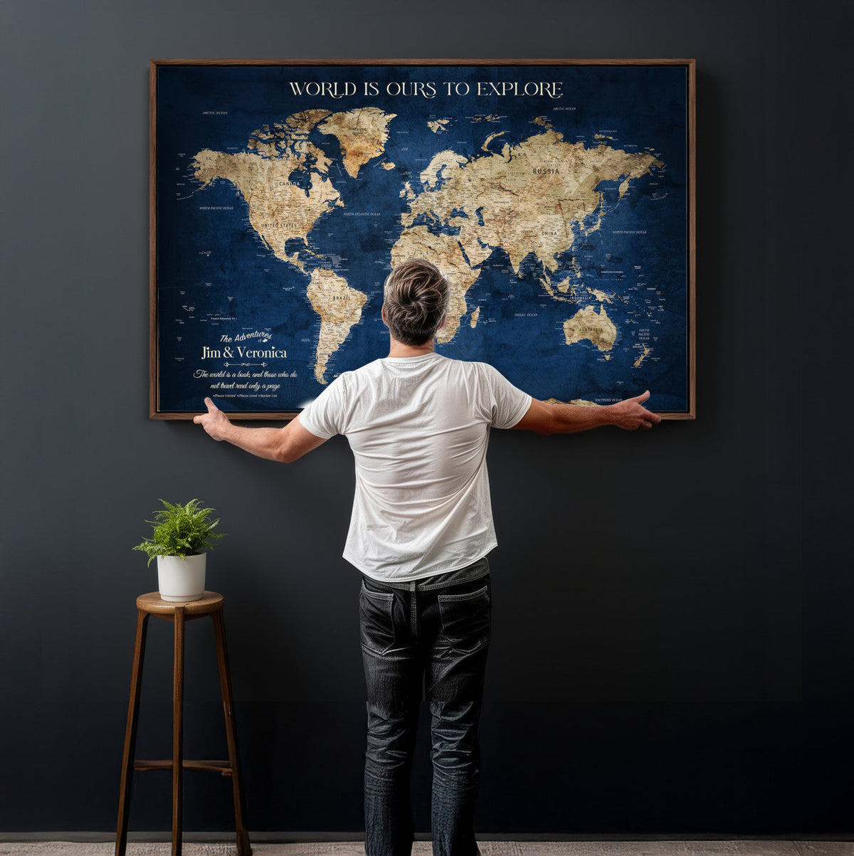 Framed Custom World Map Canvas Print - Deep Blue World Map