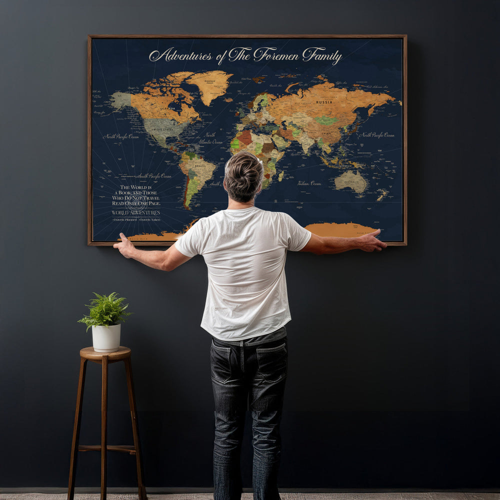 Custom Push Pin World Map Wall Art Canvas Print – Personalized Travel Tracker with Pins Framed Large for Home and Office Decor