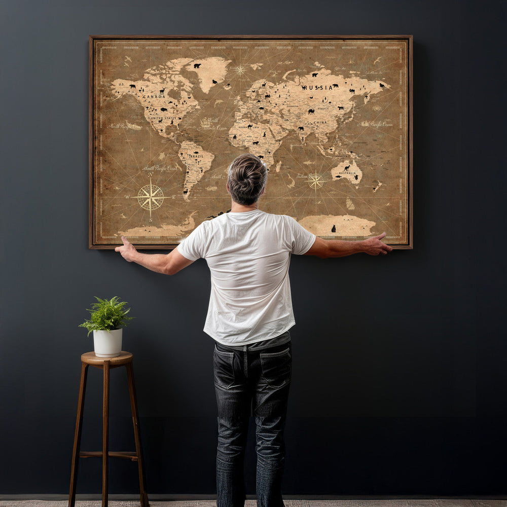 Custom Push Pin World Map Wall Art Canvas Print – Personalized Travel Tracker with Pins Framed Large for Home and Office Decor