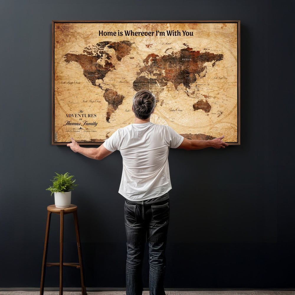 Custom Vintage World Map Canvas Wall Art – Custom Framed
