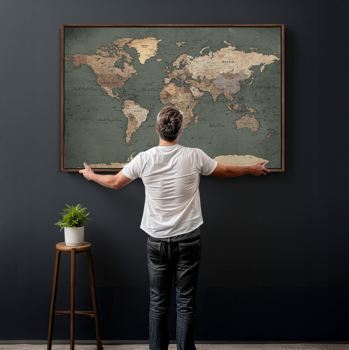 Rustic Black and Wood World Map Canvas Wall Art – Framed