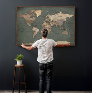 Rustic Black and Wood World Map Canvas Wall Art – Framed
