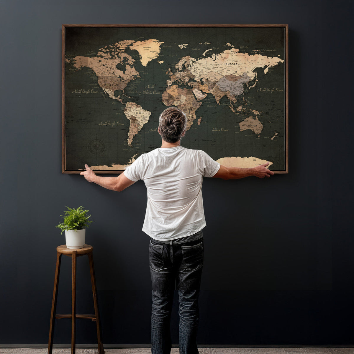Vintage World Map Canvas Wall Art – Framed Travel Map for