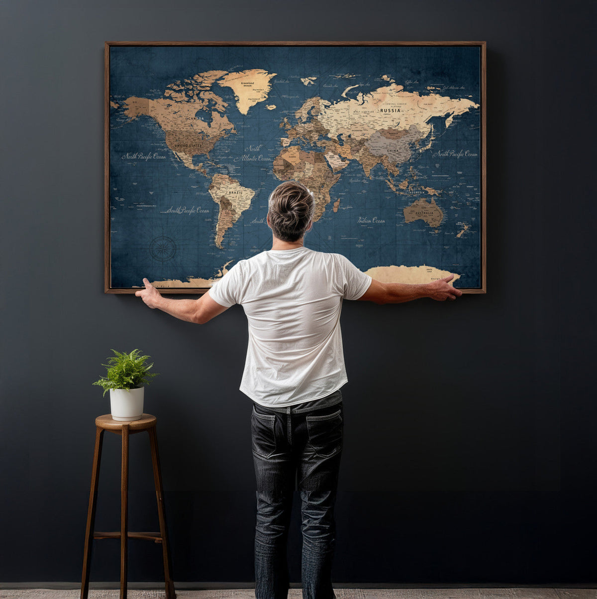Navy Blue World Map Canvas Print – Framed Travel Map Wall