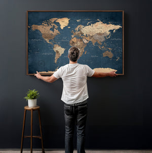 Navy Blue World Map Canvas Print – Framed Travel Map Wall