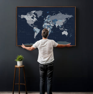 Blue Detailed World Map Wall Art Canvas Print, Modern Framed