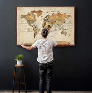 Rustic Vintage World Map Canvas Print – Framed Modern