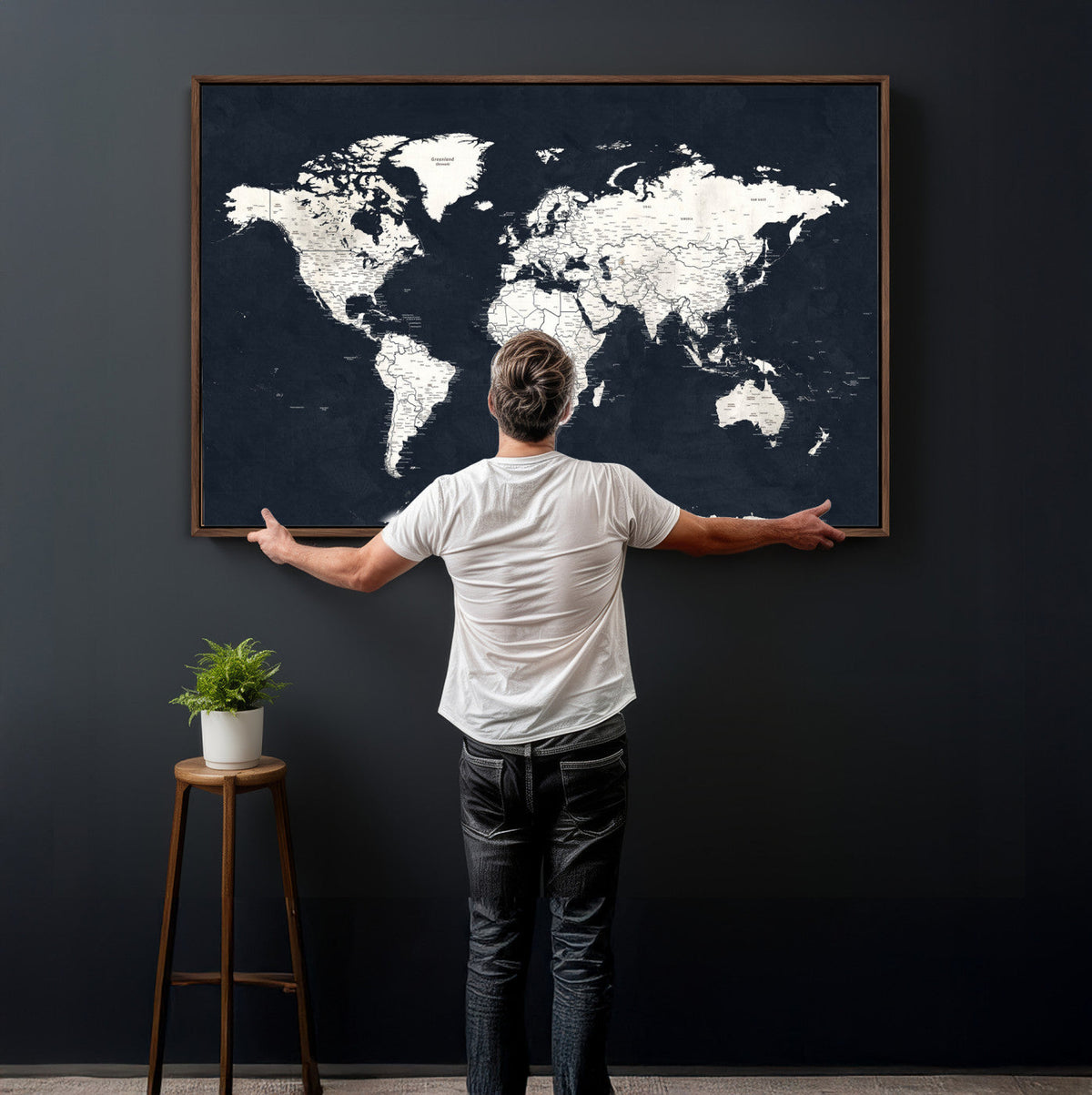 Black World Map Wall Art Canvas Print for Home Office and
