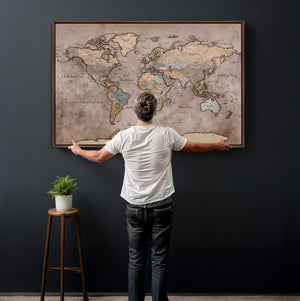 Grunge World Map Canvas Wall Art - Vintage Aged World Map