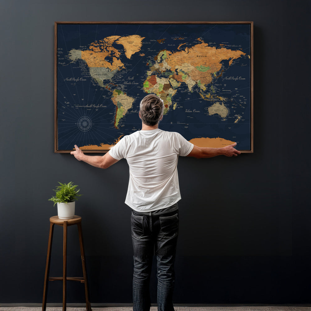 Modern World Map Canvas Print – Framed Detailed Map of the