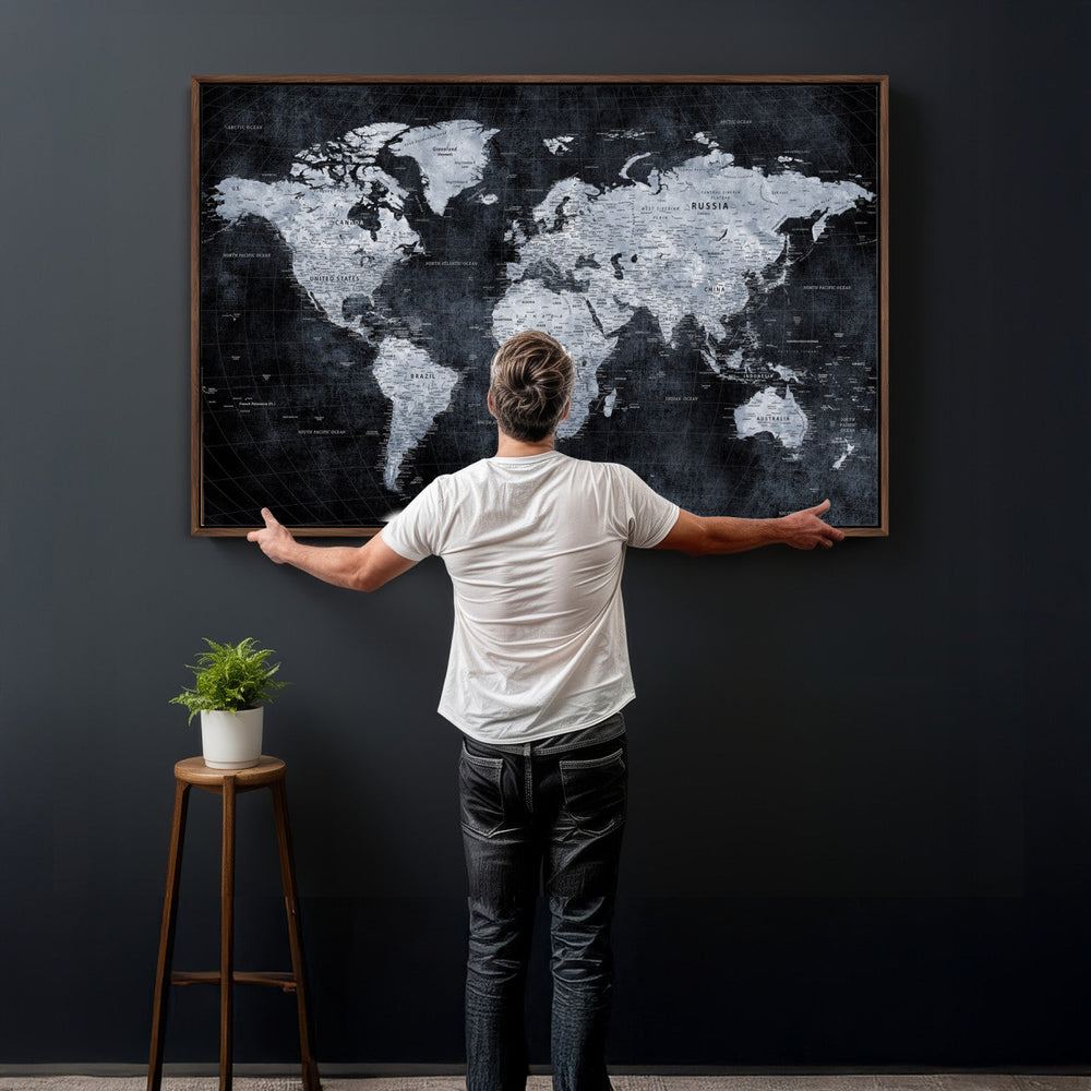 Black World Map Canvas Print – Detailed Map for Couples and