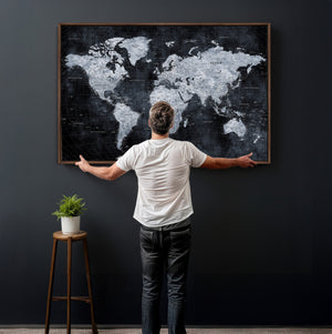 Black World Map Canvas Print – Detailed Map for Couples and