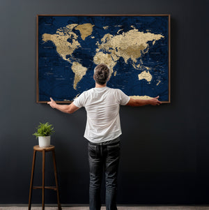 Navy Blue World Map Canvas Print – Detailed Map Minimal Navy