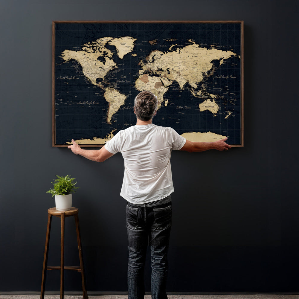 Dark World Map Canvas Wall Art Print, Minimal Black and Gold