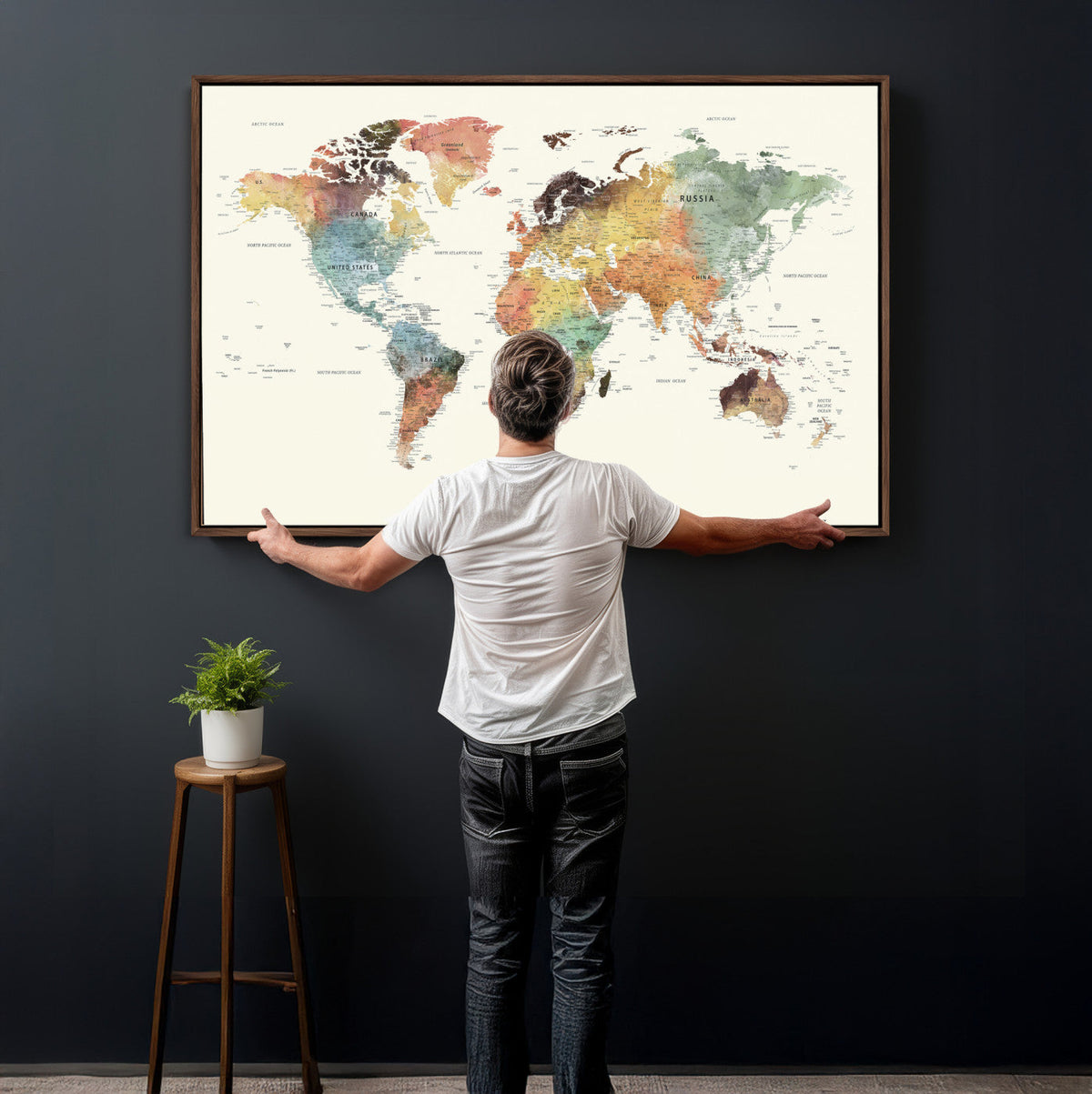 Framed World Map Wall Art Canvas Print for Living Room and