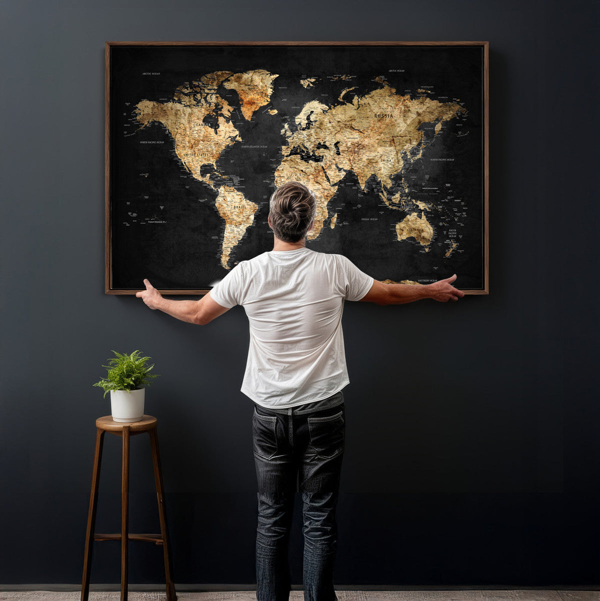 World Map Canvas Wall Art with Famous Landmarks – Framed