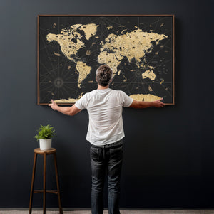 Vintage Blue and Brown World Map Canvas Wall Art – Framed