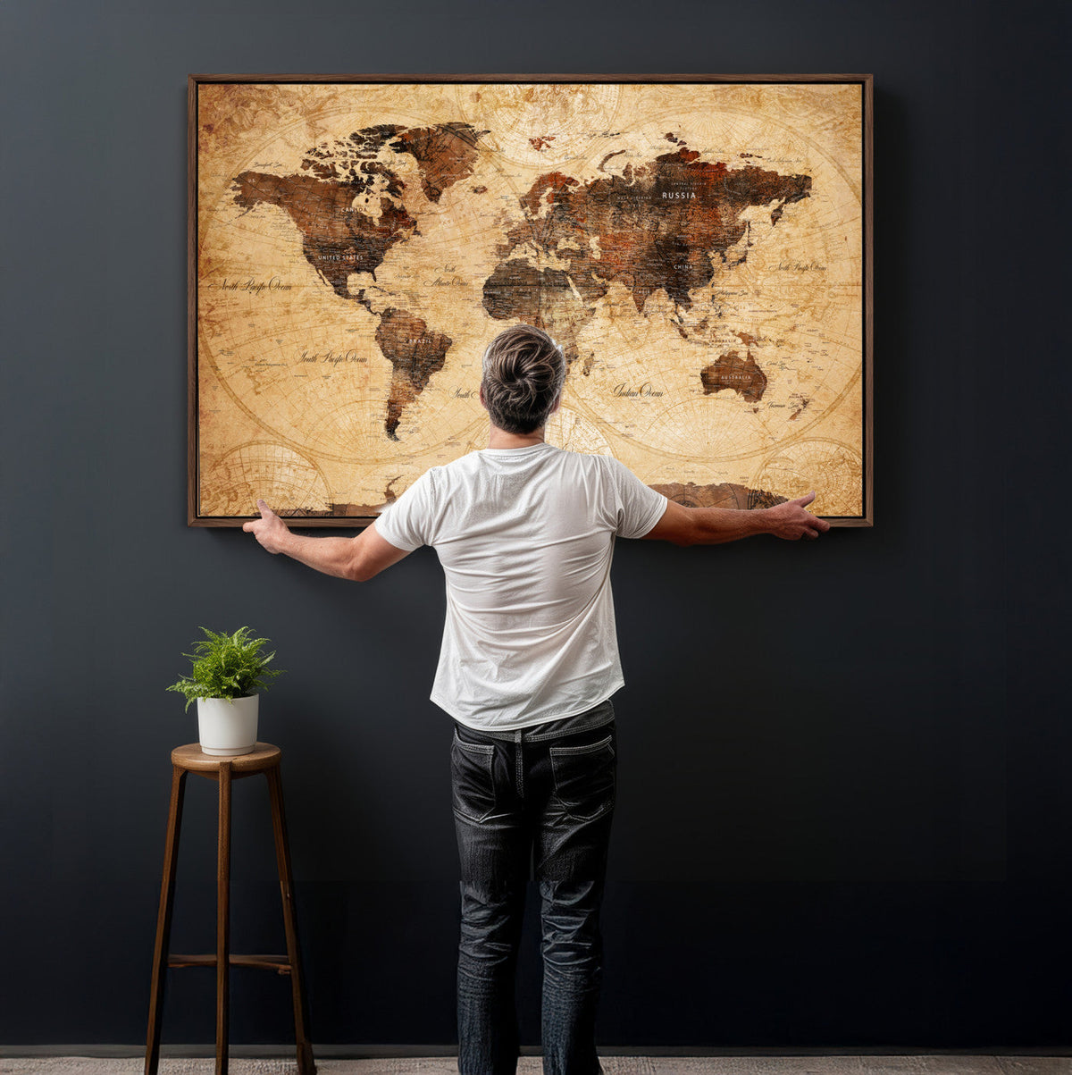 Modern Red and Gray World Map Canvas Print – Framed Wall Art