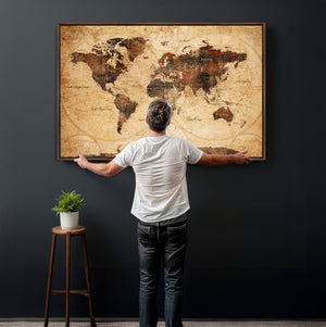 Modern Red and Gray World Map Canvas Print – Framed Wall Art