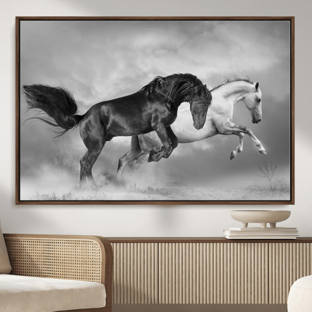 Wild Horses Wall Art Canvas Print – Framed Black and White