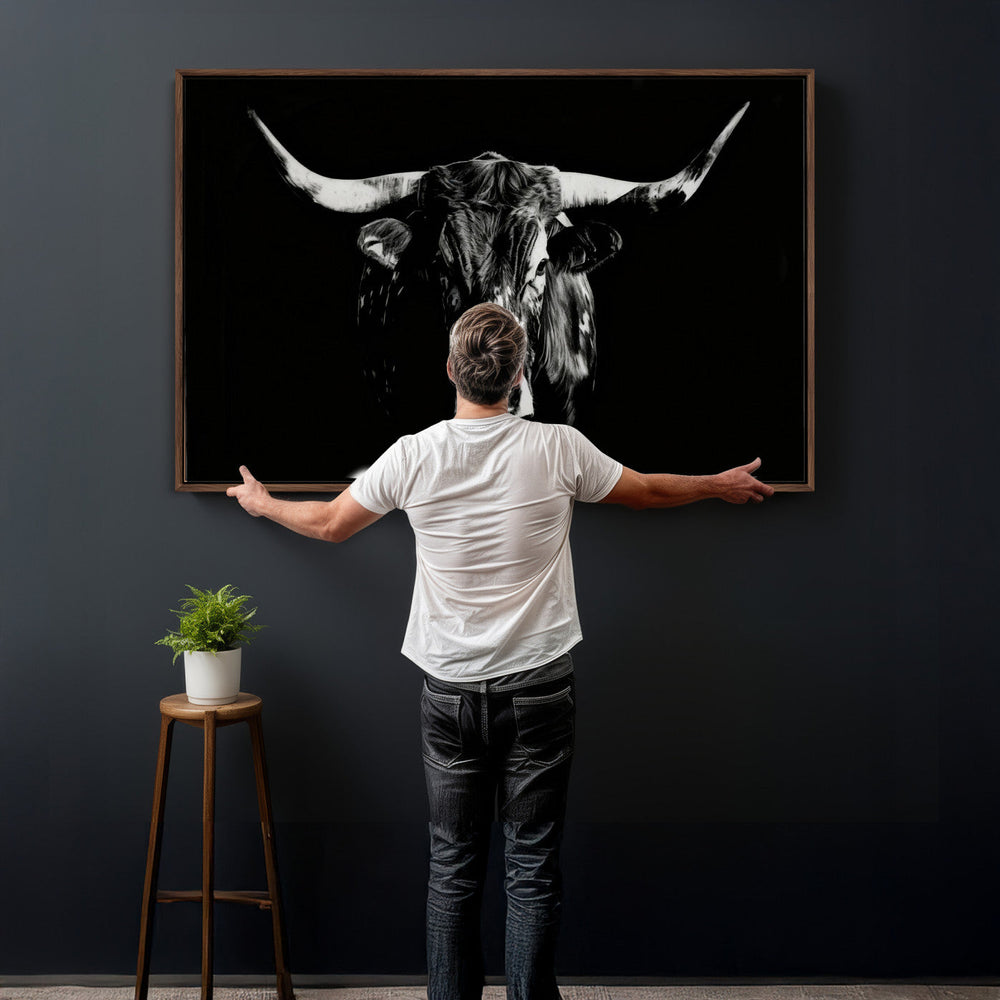 Black Bull Wall Art Canvas Print, Dark Longhorn Portrait