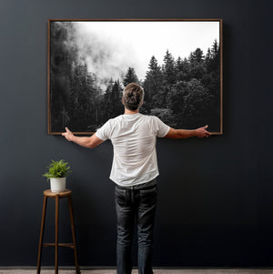Black White Forest Wall Art Canvas Print, Misty Pine Tree