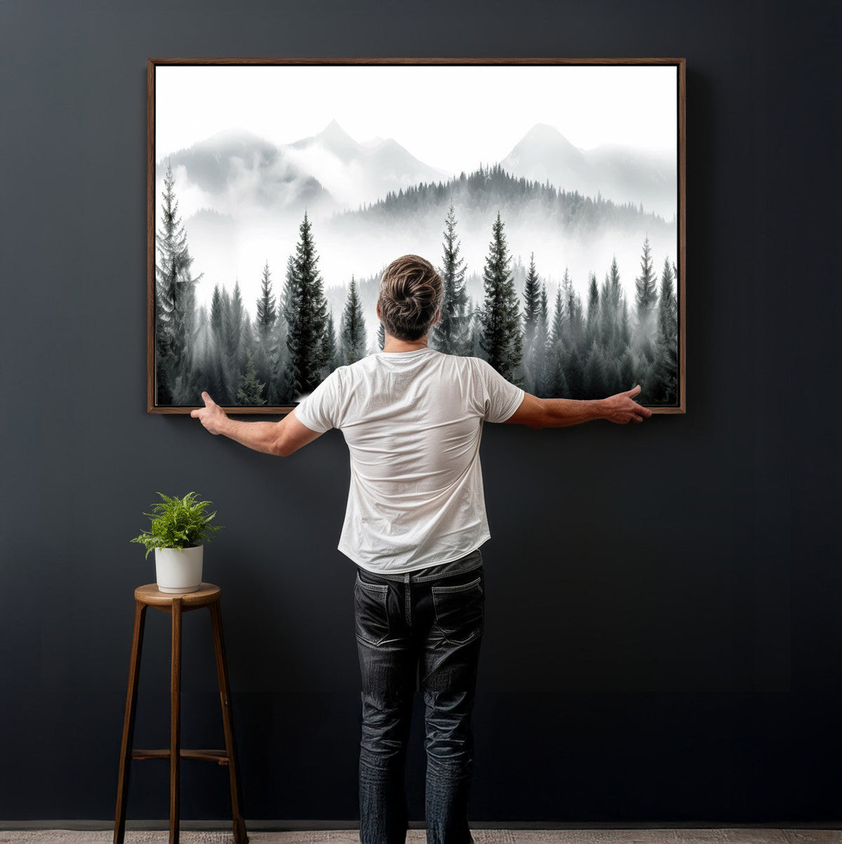 Misty Pine Forest Mountain Landscape Wall Art Canvas Print