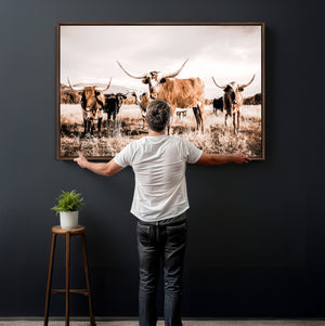 Texas Longhorn Cattle Wall Art Canvas Print, Sepia Western