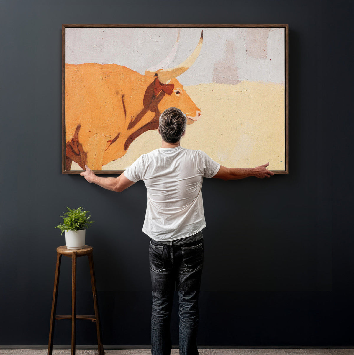 Minimal Longhorn Bull Wall Art Canvas Print, Neutral Western