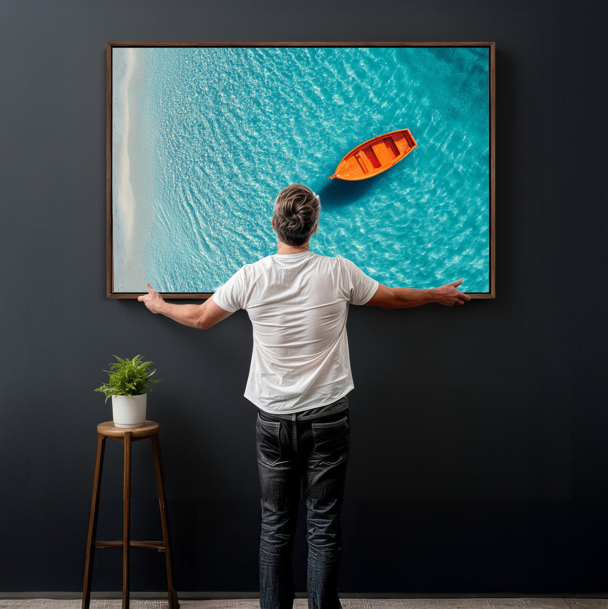 Minimalist Boat Wall Art Canvas Print, Aerial Sea Landscape