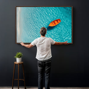 Minimalist Boat Wall Art Canvas Print, Aerial Sea Landscape