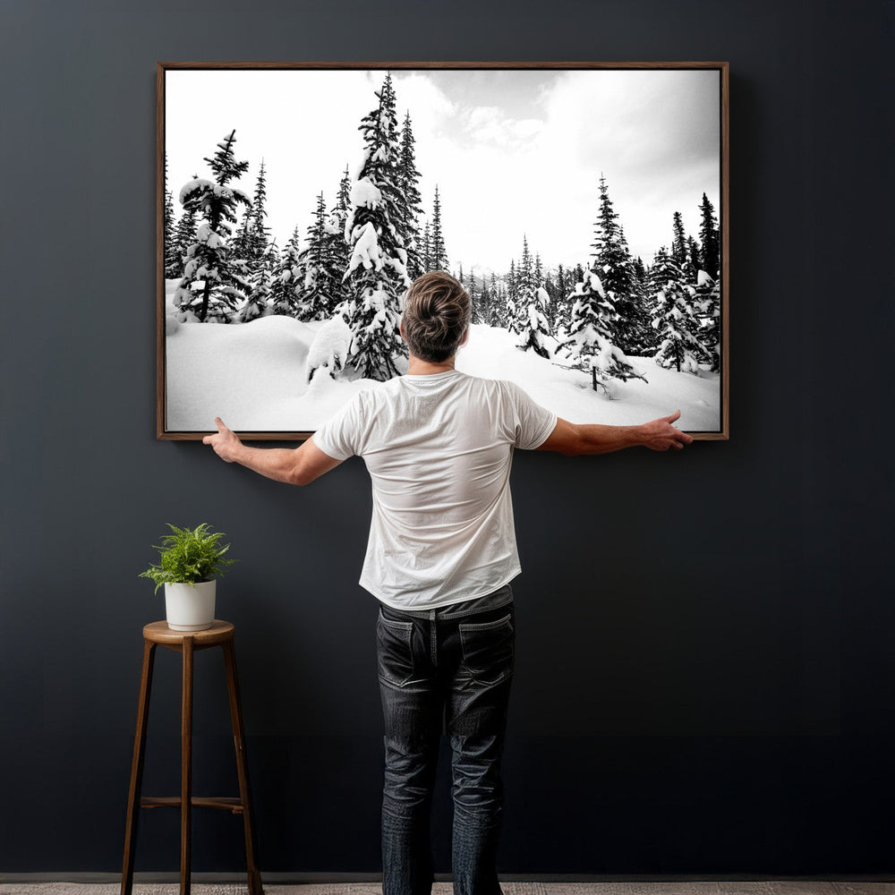 Black and White Snowy Pine Forest Wall Art Canvas Print,