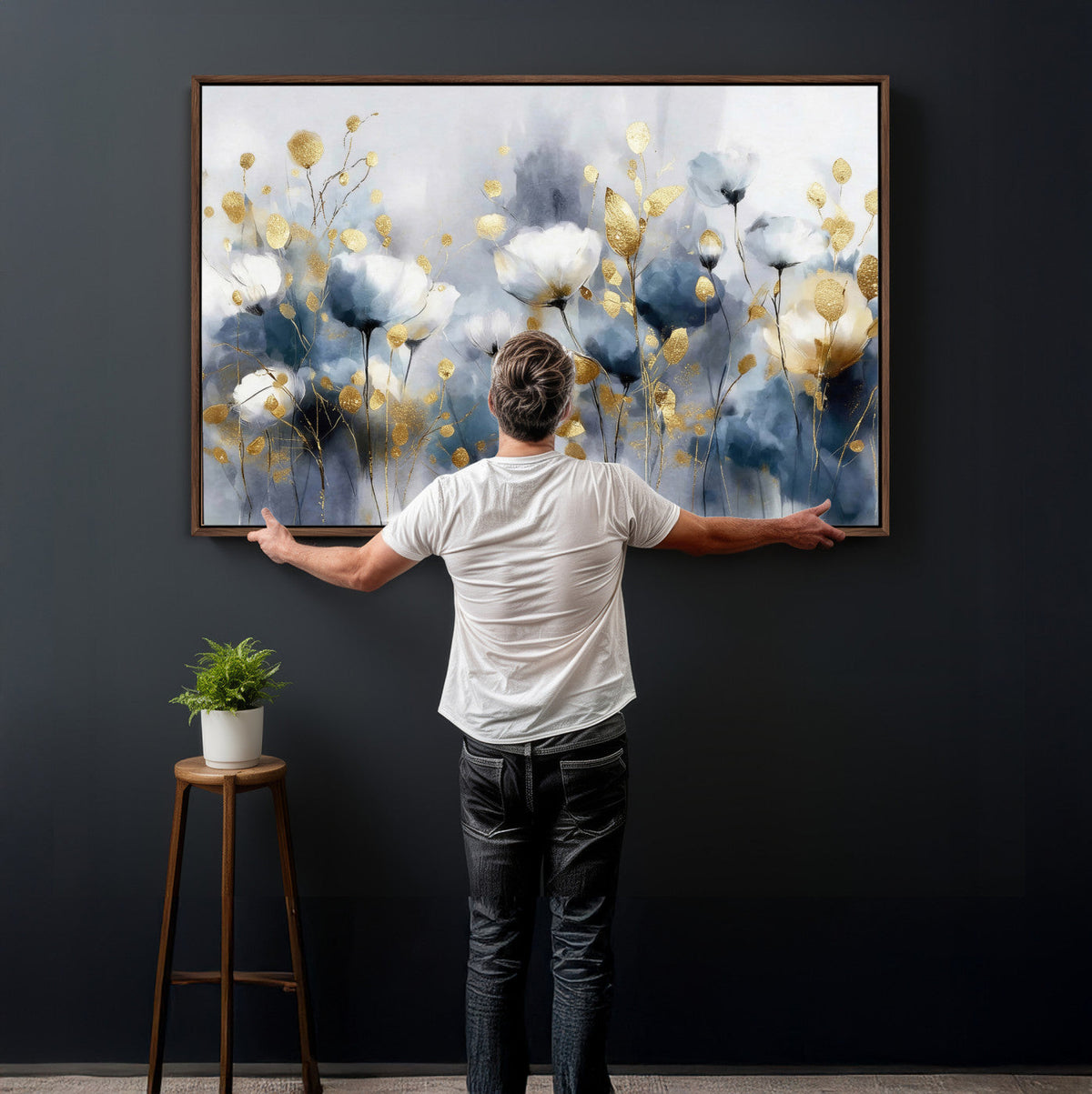 Large Abstract Flowers Wall Art Canvas Print – Gold and Blue