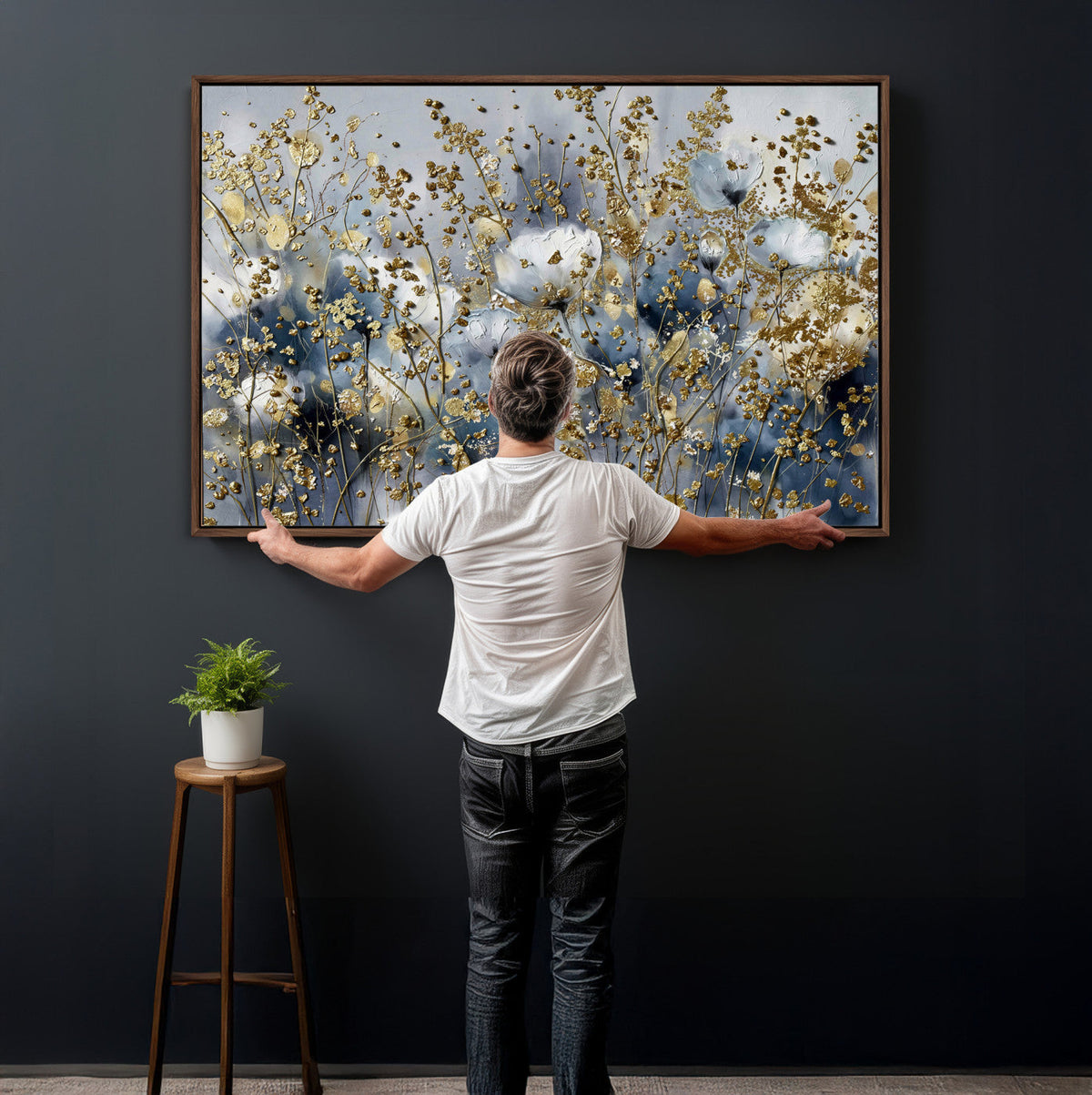 Abstract Floral Wall Art Canvas Print – Gold and Blue