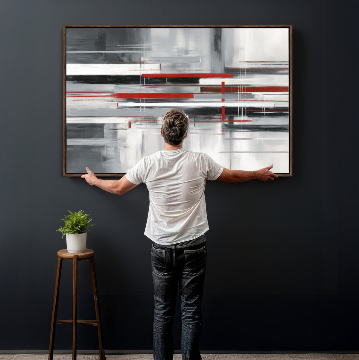 Gray Red Abstract Wall Art Canvas Print, Modern Abstract