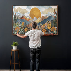 Boho Mountain Landscape Large Wall Art, Horizontal Gold