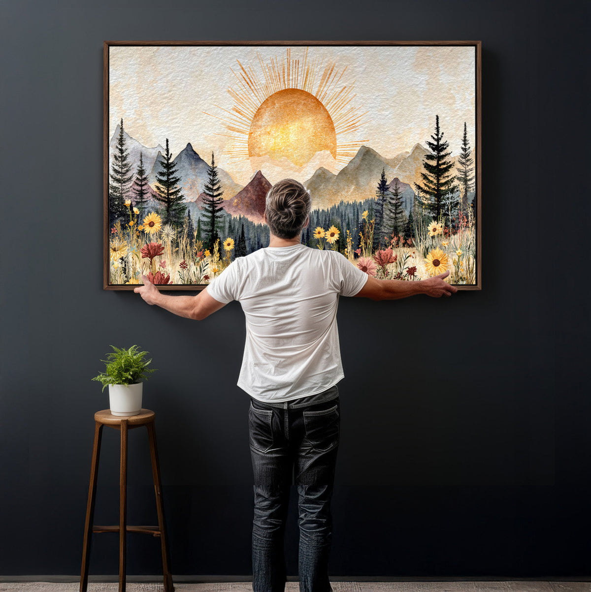 Boho Mountain Landscape Large Wall Art, Horizontal Gold