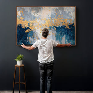 Blue Gold Abstract Large Framed Canvas Wall Art, Modern