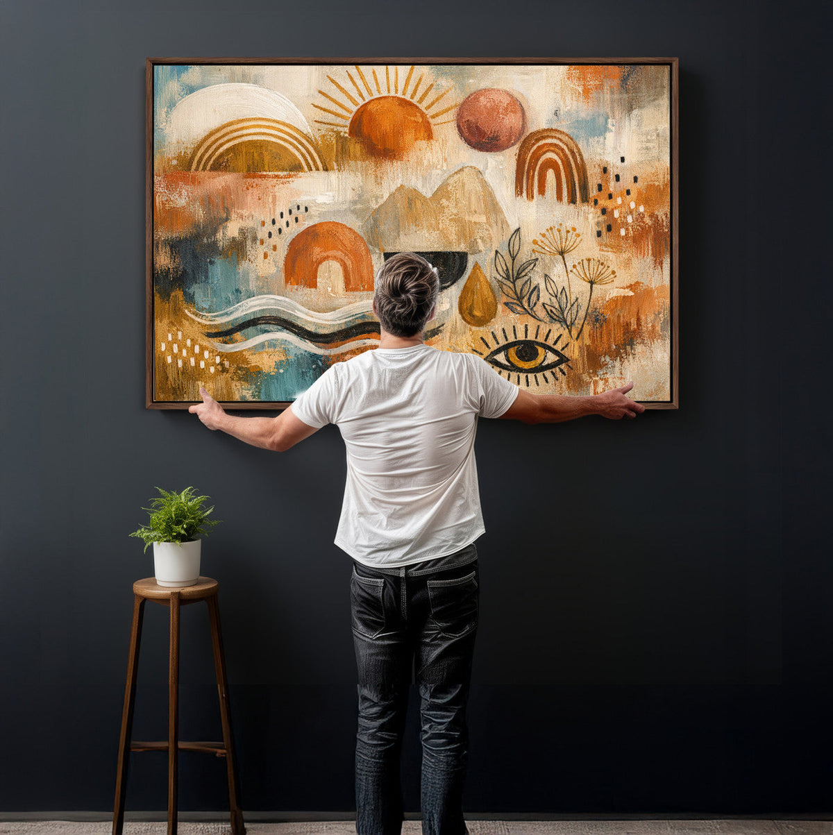 Geometric Boho Abstract Wall Art Canvas Print, Orange Blue